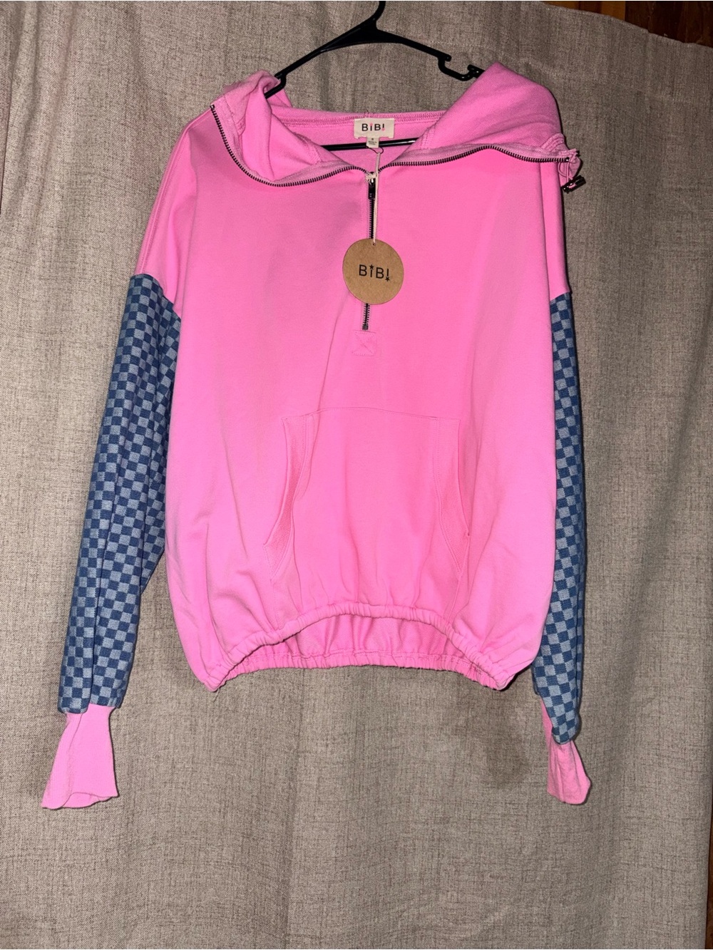 BiBi Pink Pullover with Blue Checkered Sleeves